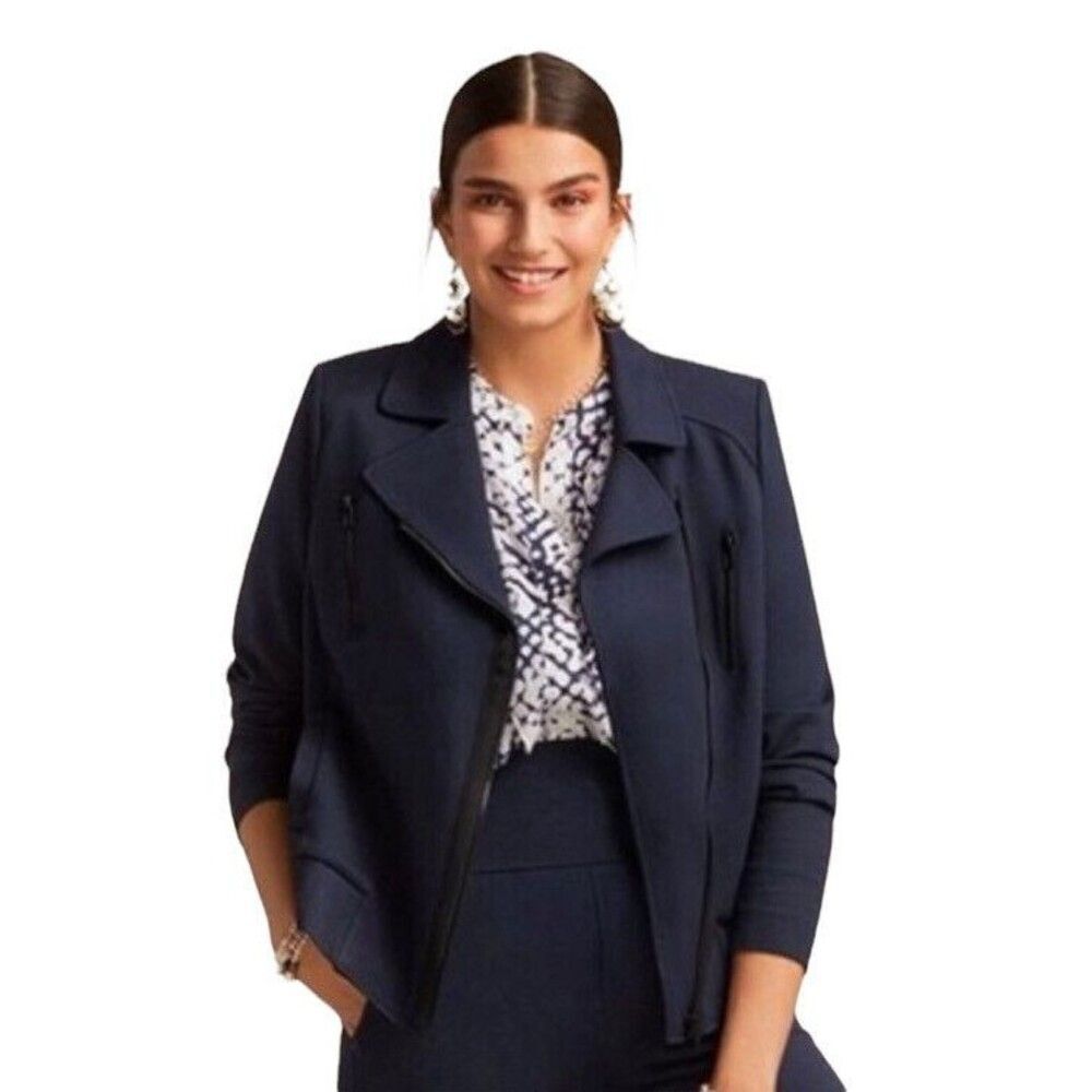 CAbi Women #5476 Chance Moto Bomber Jacket Sz L  Navy Full Zip Tow Tone Fabric